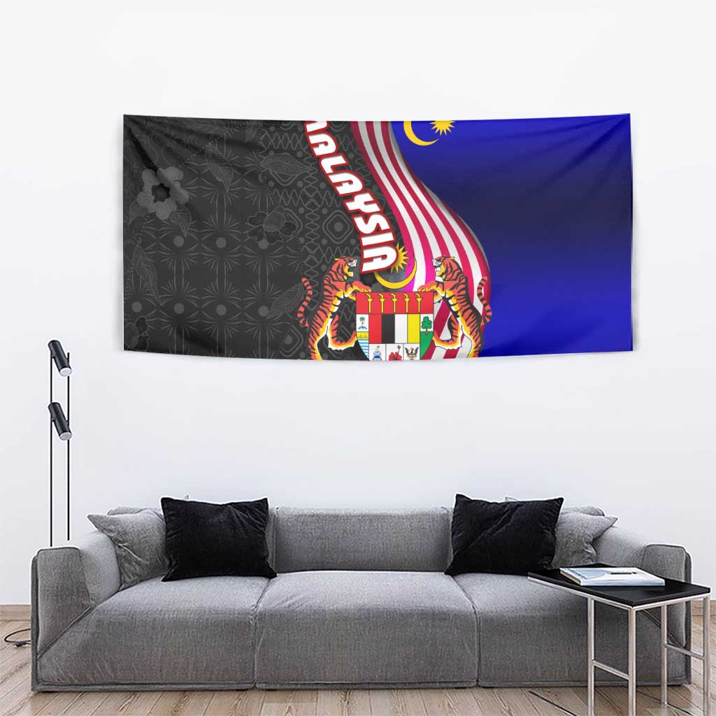Malaysia Coat of Arms Tapestry with National Flag and Black Batik Pattern