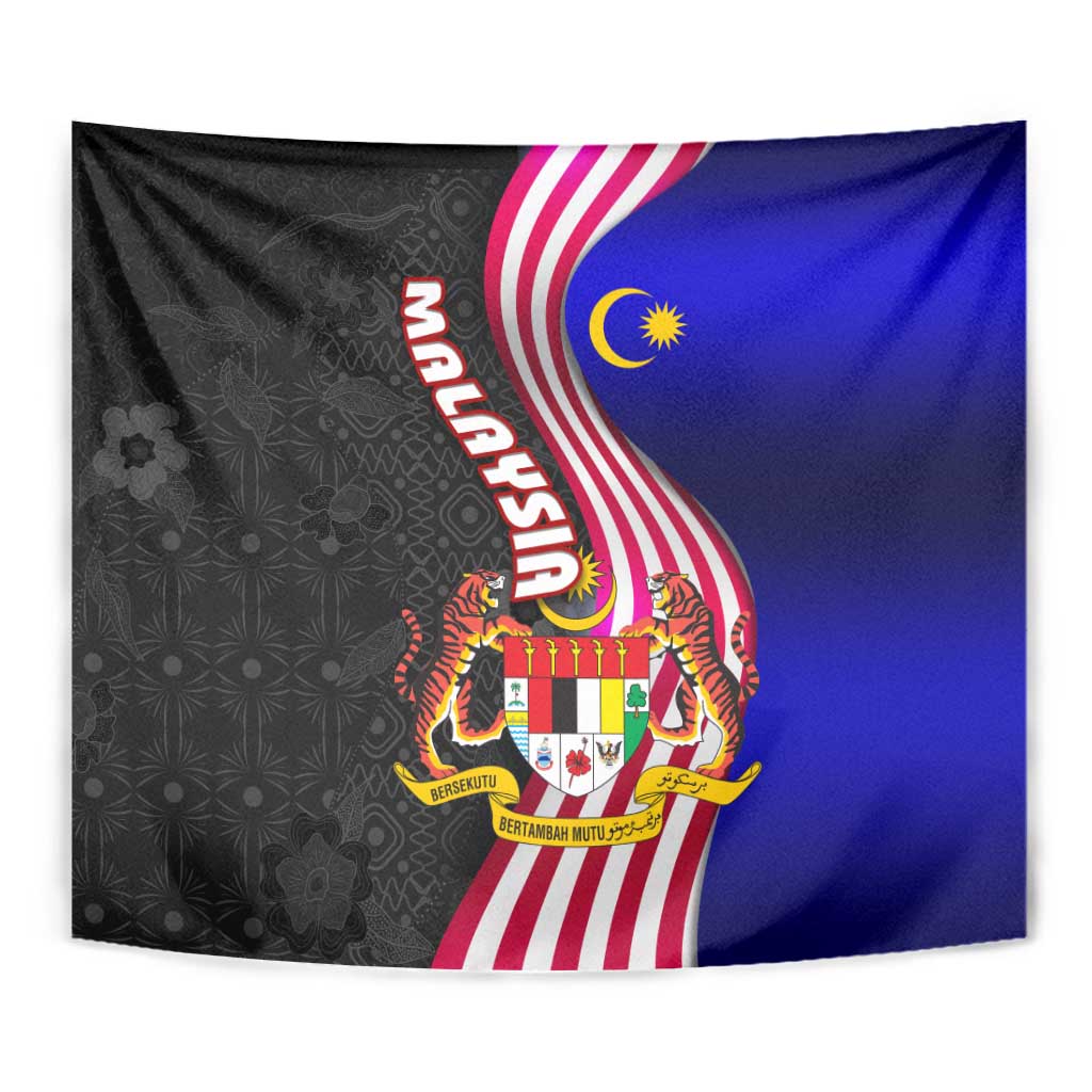 Malaysia Coat of Arms Tapestry with National Flag and Black Batik Pattern