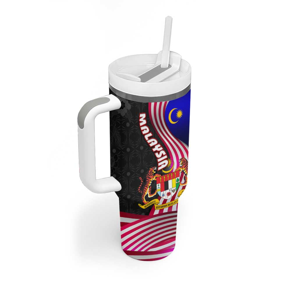 Malaysia Coat of Arms Tumbler With Handle with National Flag and Black Batik Pattern