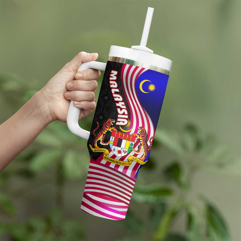 Malaysia Coat of Arms Tumbler With Handle with National Flag and Black Batik Pattern