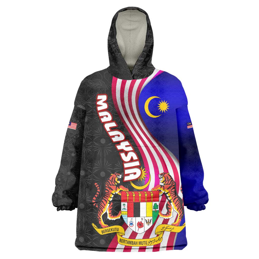 Malaysia Coat of Arms Wearable Blanket Hoodie with National Flag and Black Batik Pattern