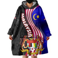 Malaysia Coat of Arms Wearable Blanket Hoodie with National Flag and Black Batik Pattern
