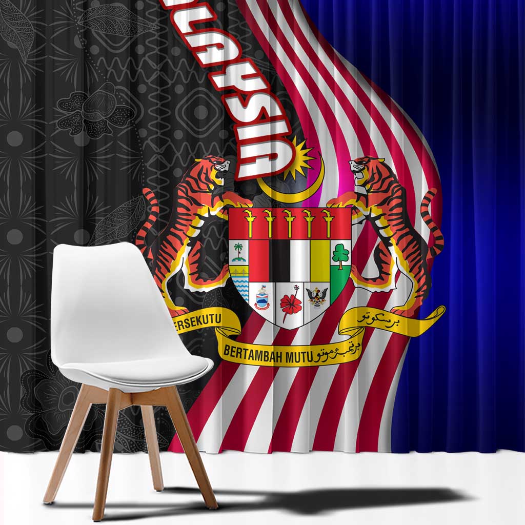 Malaysia Coat of Arms Window Curtain with National Flag and Black Batik Pattern