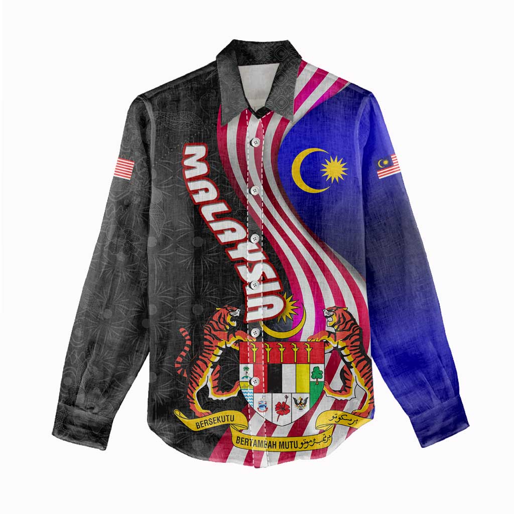 Malaysia Coat of Arms Women Casual Shirt with National Flag and Black Batik Pattern