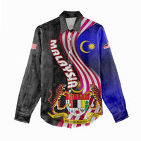 Malaysia Coat of Arms Women Casual Shirt with National Flag and Black Batik Pattern