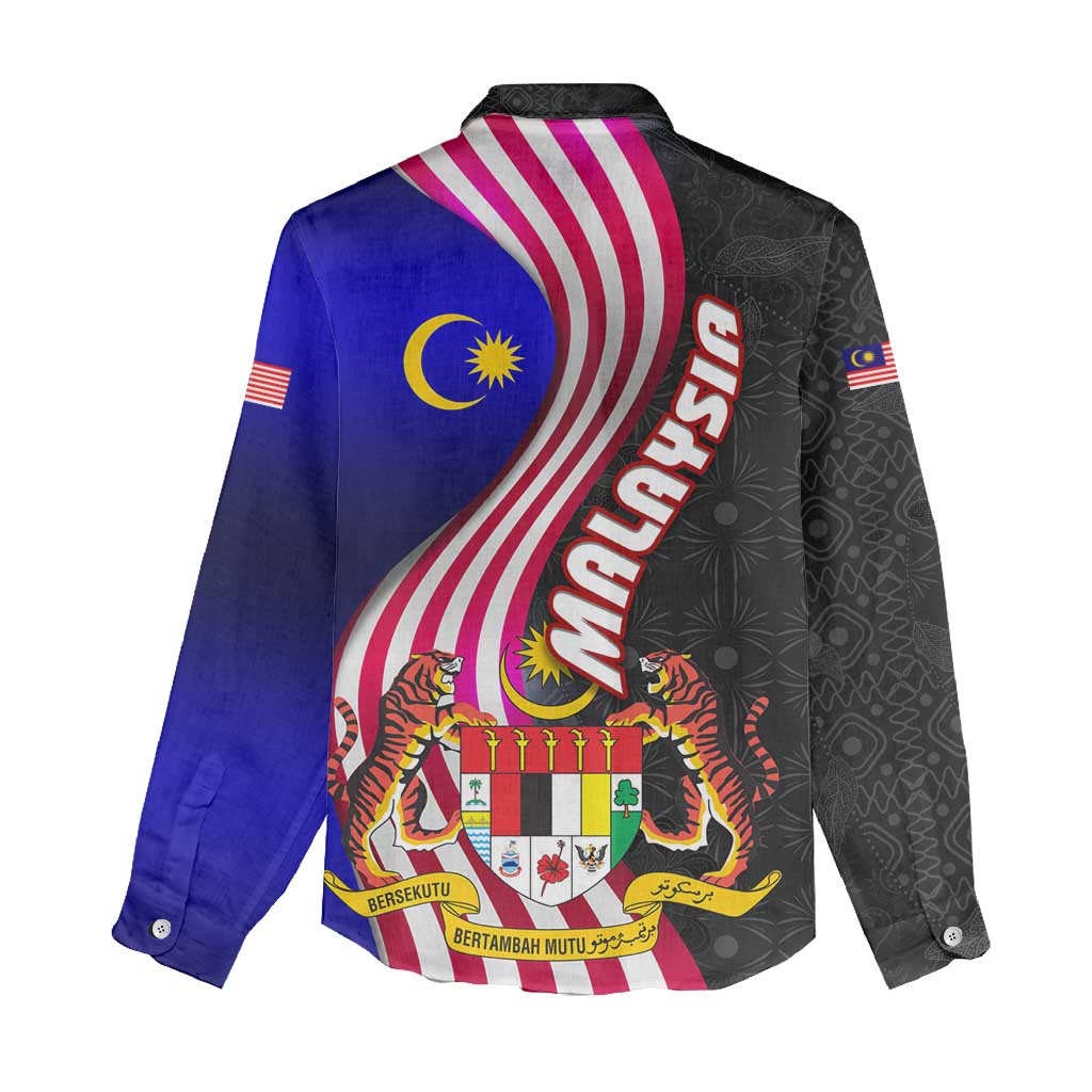 Malaysia Coat of Arms Women Casual Shirt with National Flag and Black Batik Pattern