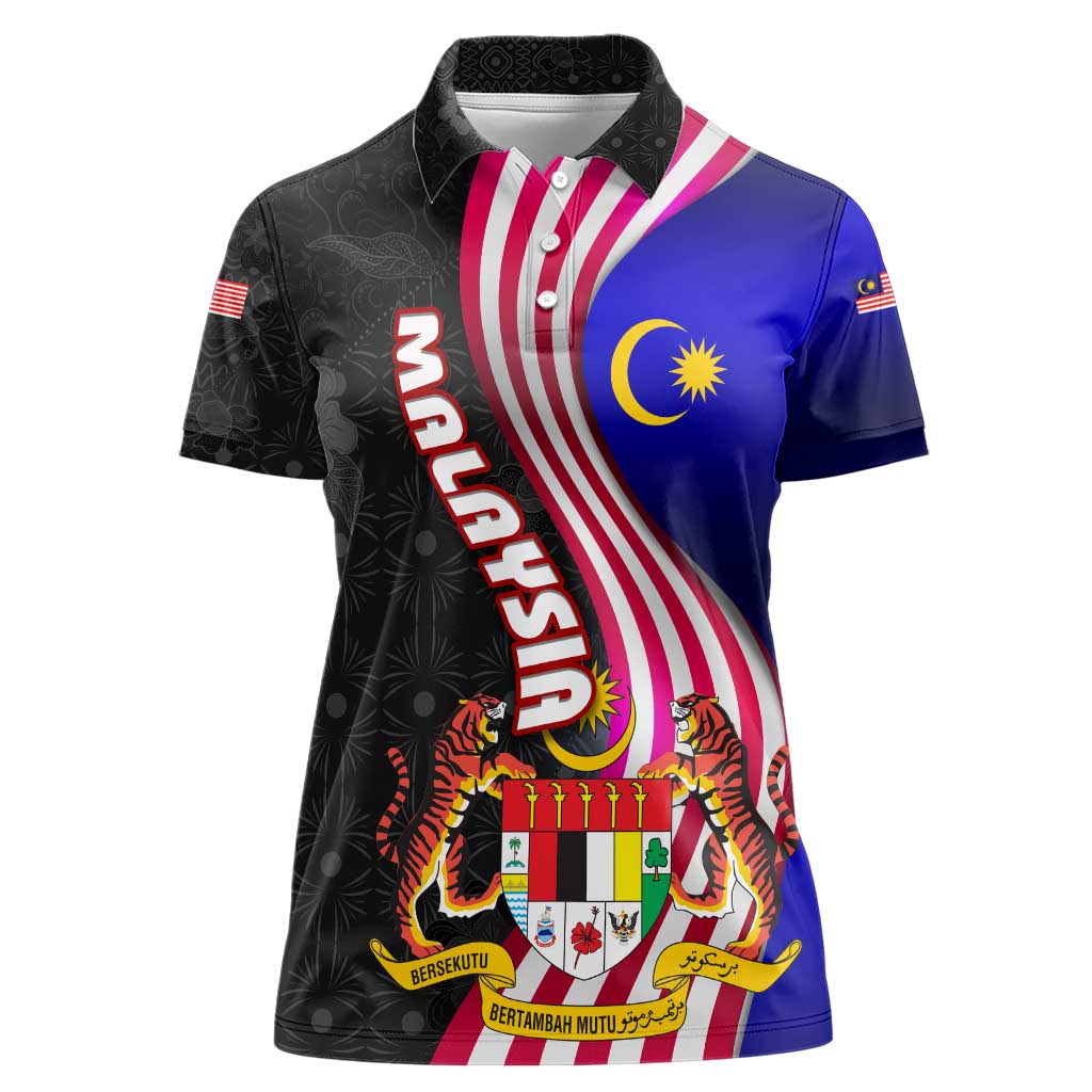 Malaysia Coat of Arms Women Polo Shirt with National Flag and Black Batik Pattern