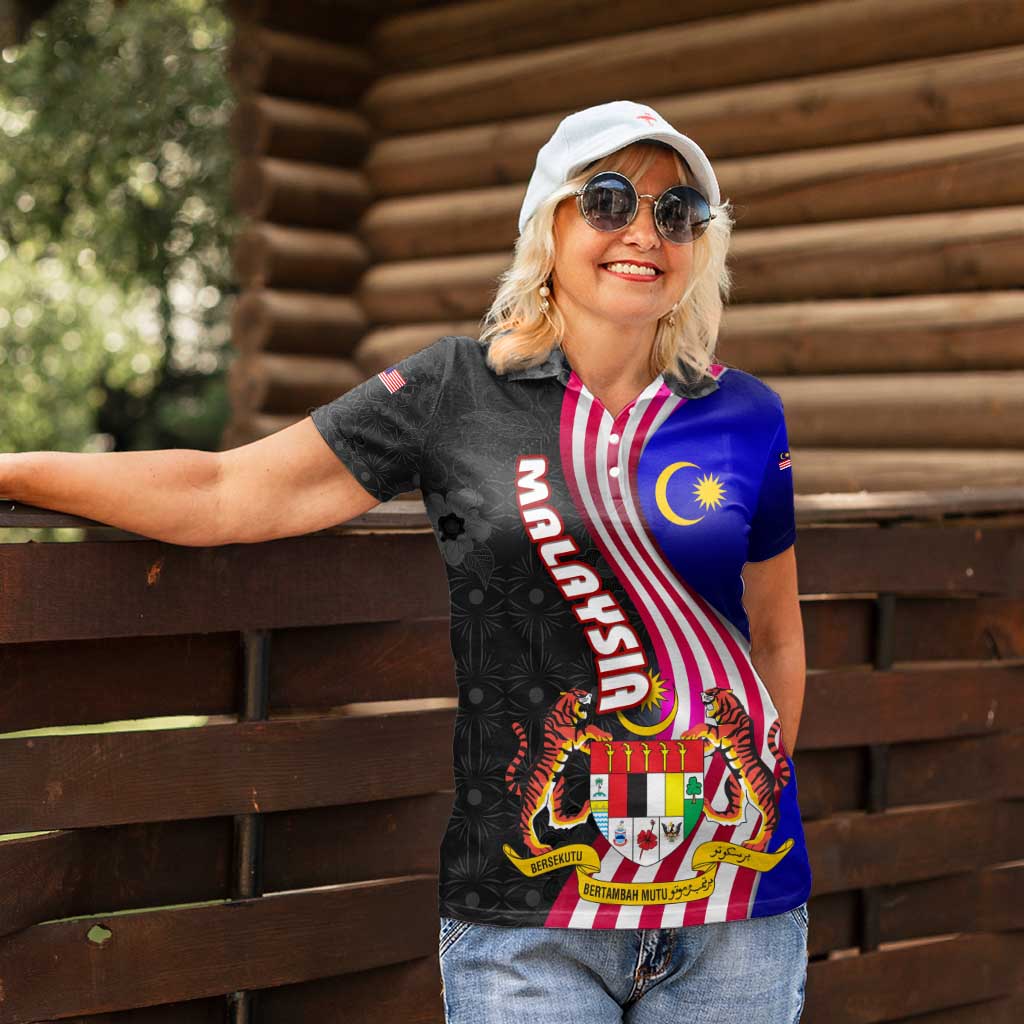 Malaysia Coat of Arms Women Polo Shirt with National Flag and Black Batik Pattern