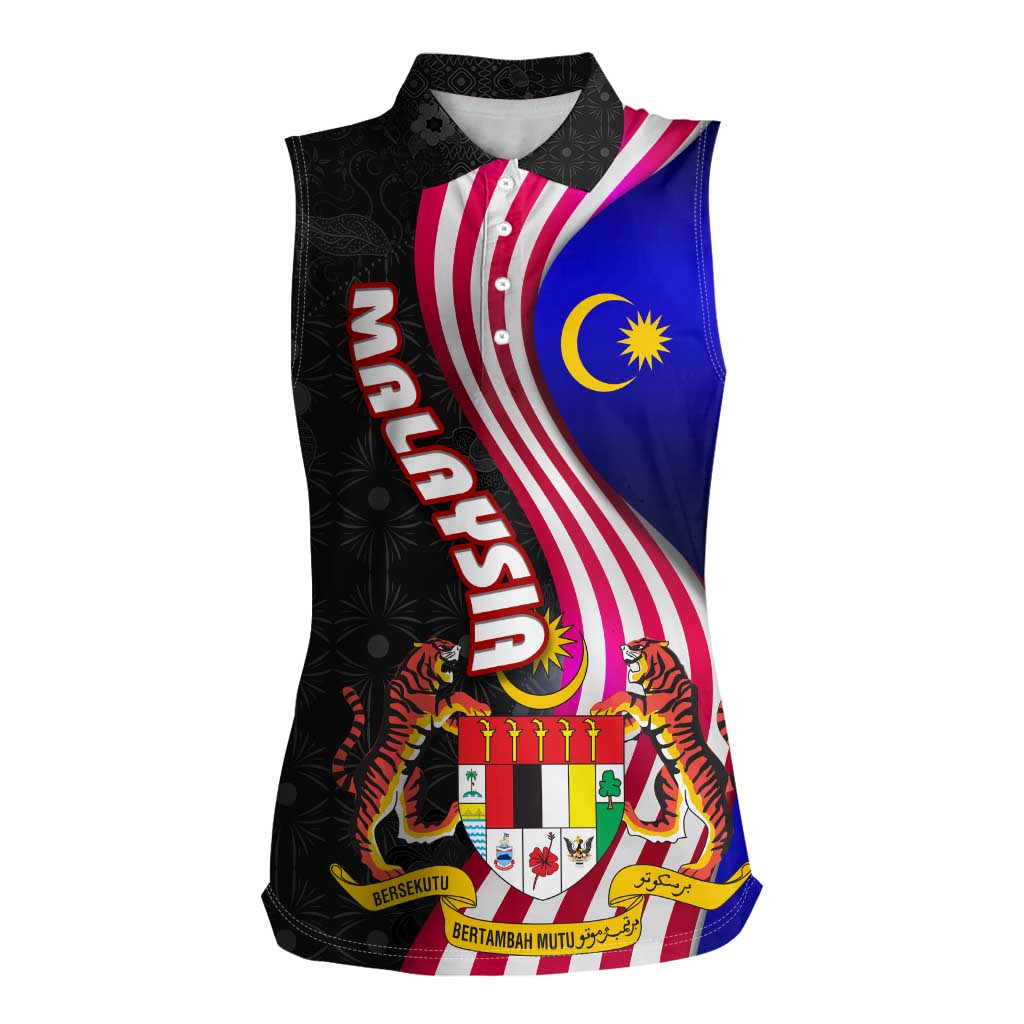 Malaysia Coat of Arms Women Sleeveless Polo Shirt with National Flag and Black Batik Pattern