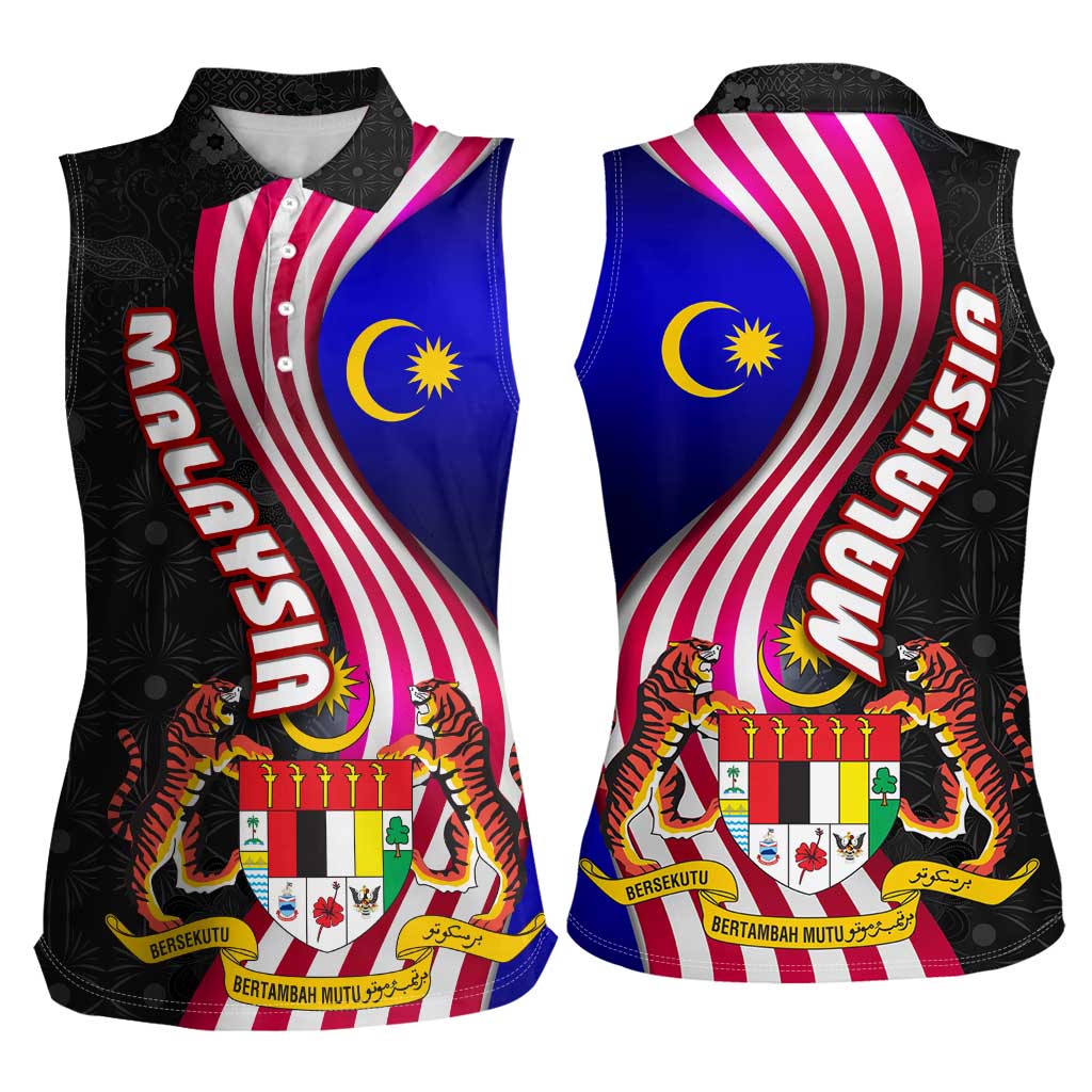 Malaysia Coat of Arms Women Sleeveless Polo Shirt with National Flag and Black Batik Pattern