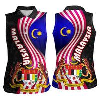 Malaysia Coat of Arms Women Sleeveless Polo Shirt with National Flag and Black Batik Pattern