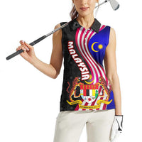 Malaysia Coat of Arms Women Sleeveless Polo Shirt with National Flag and Black Batik Pattern