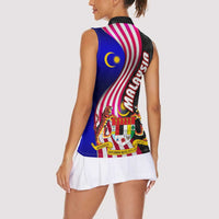 Malaysia Coat of Arms Women Sleeveless Polo Shirt with National Flag and Black Batik Pattern