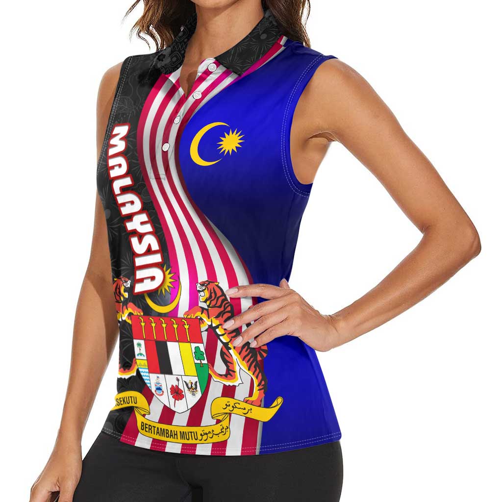 Malaysia Coat of Arms Women Sleeveless Polo Shirt with National Flag and Black Batik Pattern