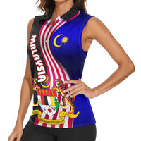 Malaysia Coat of Arms Women Sleeveless Polo Shirt with National Flag and Black Batik Pattern