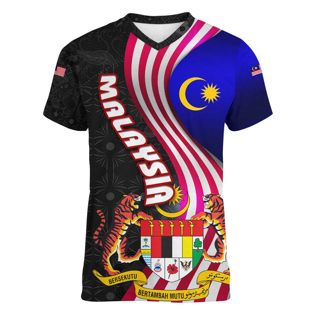 Malaysia Coat of Arms Women V-Neck T-Shirt with National Flag and Black Batik Pattern