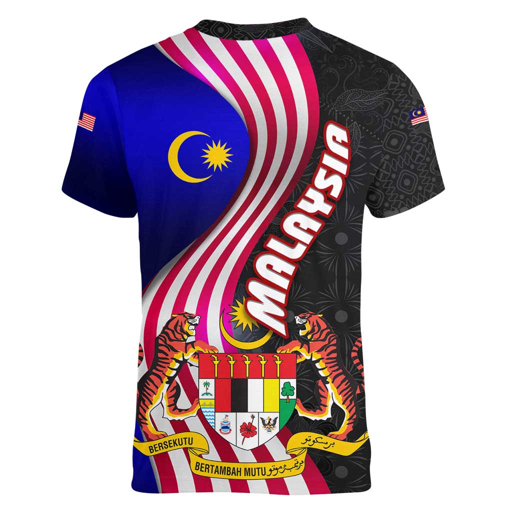 Malaysia Coat of Arms Women V-Neck T-Shirt with National Flag and Black Batik Pattern