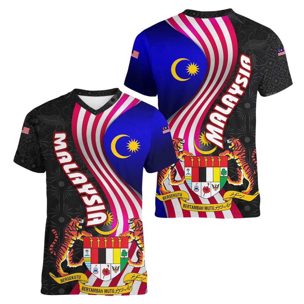 Malaysia Coat of Arms Women V-Neck T-Shirt with National Flag and Black Batik Pattern