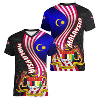 Malaysia Coat of Arms Women V-Neck T-Shirt with National Flag and Black Batik Pattern