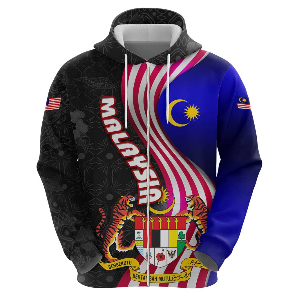 Malaysia Coat of Arms Zip Hoodie with National Flag and Black Batik Pattern