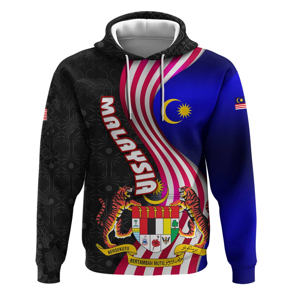 Malaysia Coat of Arms Zip Hoodie with National Flag and Black Batik Pattern