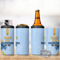 Prince Hall Freemasonry 4 in 1 Can Cooler Tumbler Vintage Brush Stroke Masonic Blue Gold Graphic