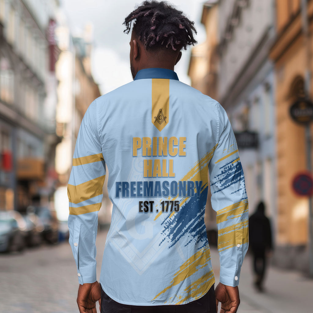 Prince Hall Freemasonry Long Sleeve Button Shirt Vintage Brush Stroke Masonic Blue Gold Graphic