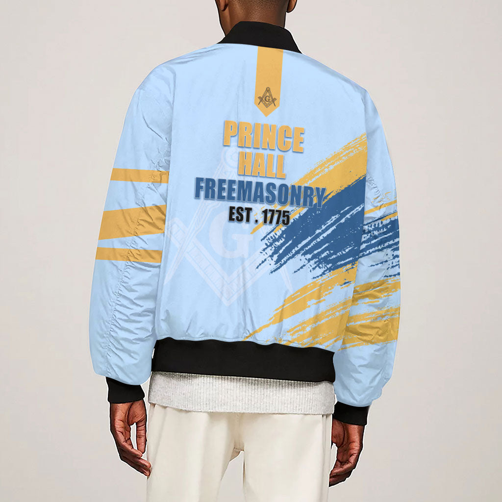 Prince Hall Freemasonry Sleeve Zip Bomber Jacket Vintage Brush Stroke Masonic Blue Gold Graphic