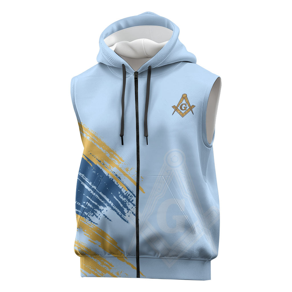 Prince Hall Freemasonry Sleeveless Zip Hoodie Vintage Brush Stroke Masonic Blue Gold Graphic