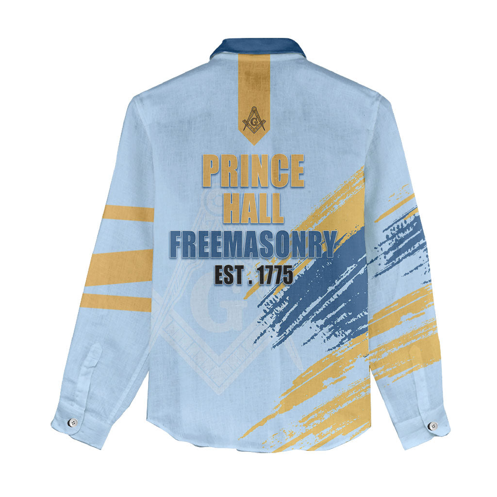 Prince Hall Freemasonry Women Casual Shirt Vintage Brush Stroke Masonic Blue Gold Graphic