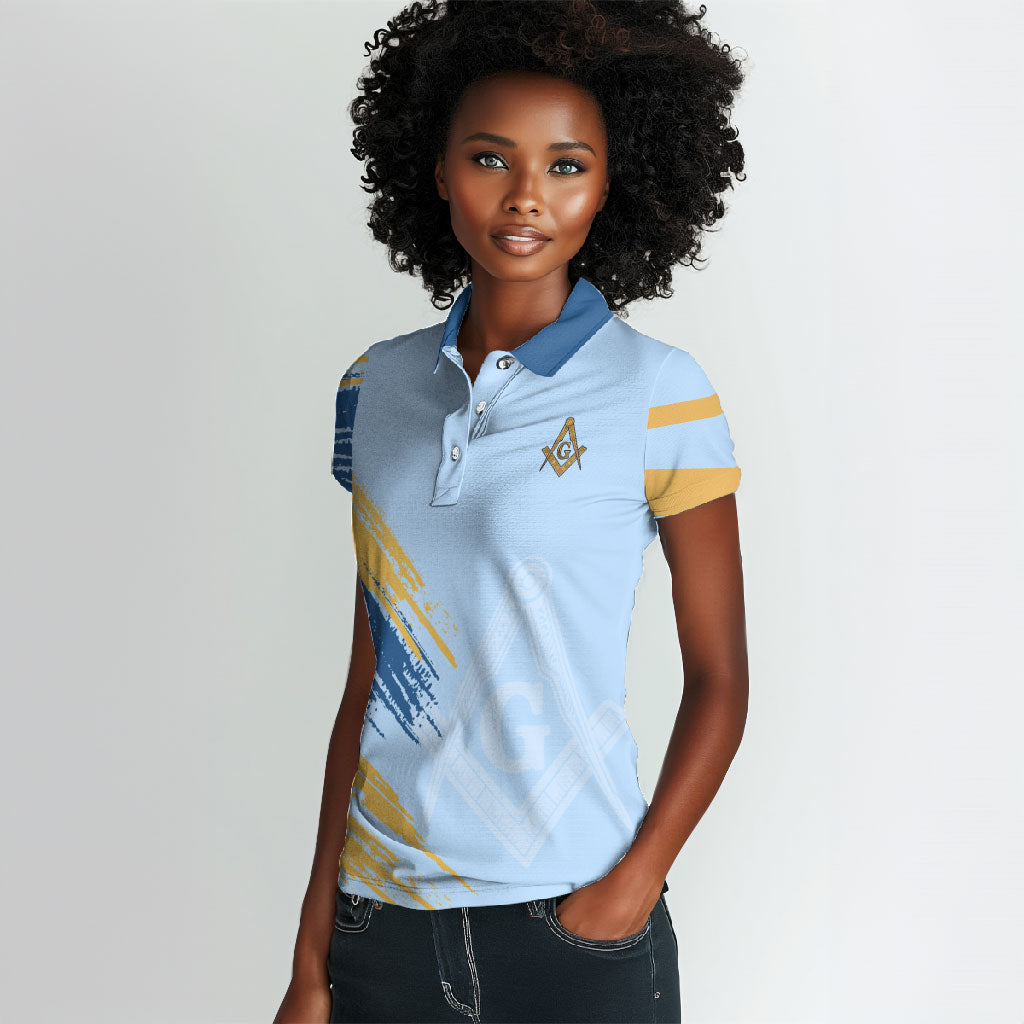 Prince Hall Freemasonry Women Polo Shirt Vintage Brush Stroke Masonic Blue Gold Graphic