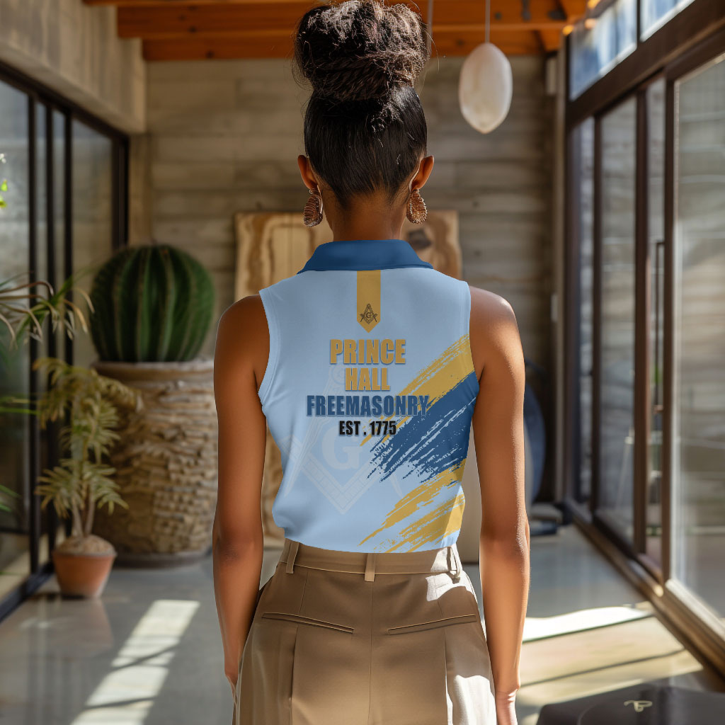 Prince Hall Freemasonry Women Sleeveless Polo Shirt Vintage Brush Stroke Masonic Blue Gold Graphic