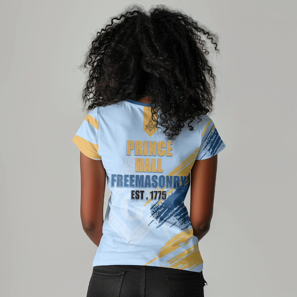 Prince Hall Freemasonry Women V-Neck T-Shirt Vintage Brush Stroke Masonic Blue Gold Graphic