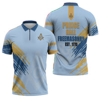 Prince Hall Freemasonry Zipper Polo Shirt Vintage Brush Stroke Masonic Blue Gold Graphic