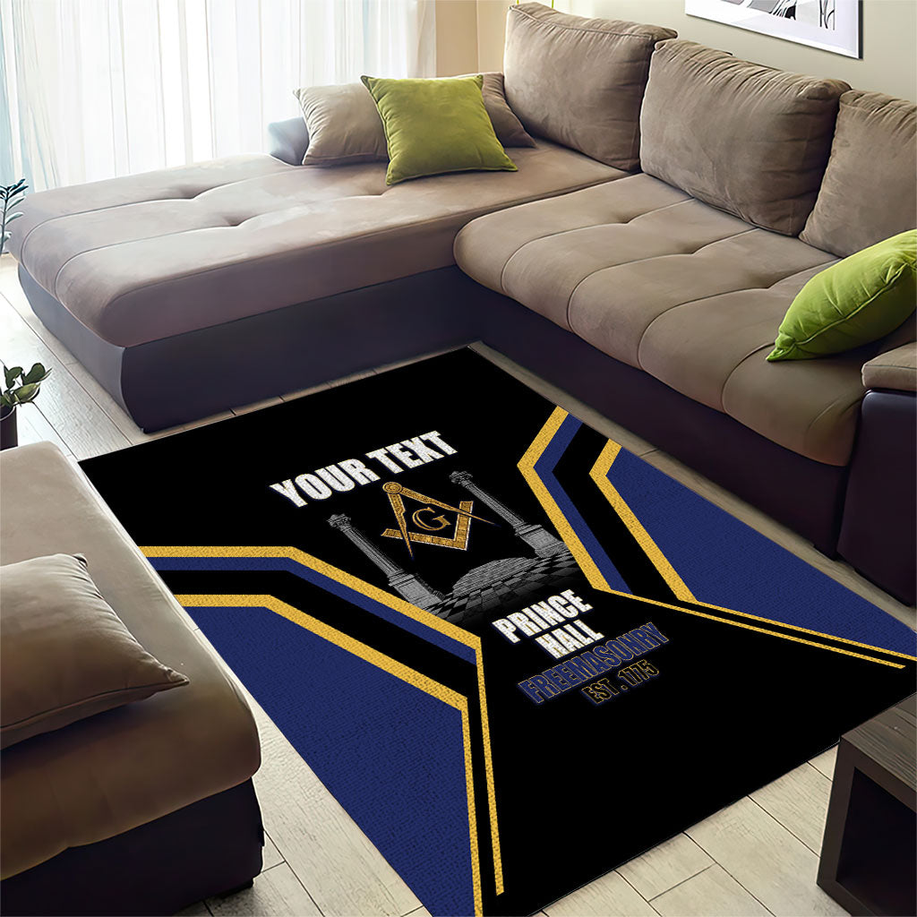 Personalized Prince Hall Freemasonry Area Rug Royal Blue Gold Masonic Geometric Legacy Graphic