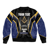 Personalized Prince Hall Freemasonry Bomber Jacket Royal Blue Gold Masonic Geometric Legacy Graphic