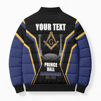 Personalized Prince Hall Freemasonry Bomber Puffer Jacket Royal Blue Gold Masonic Geometric Legacy Graphic