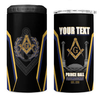 Personalized Prince Hall Freemasonry 4 in 1 Can Cooler Tumbler Royal Blue Gold Masonic Geometric Legacy Graphic