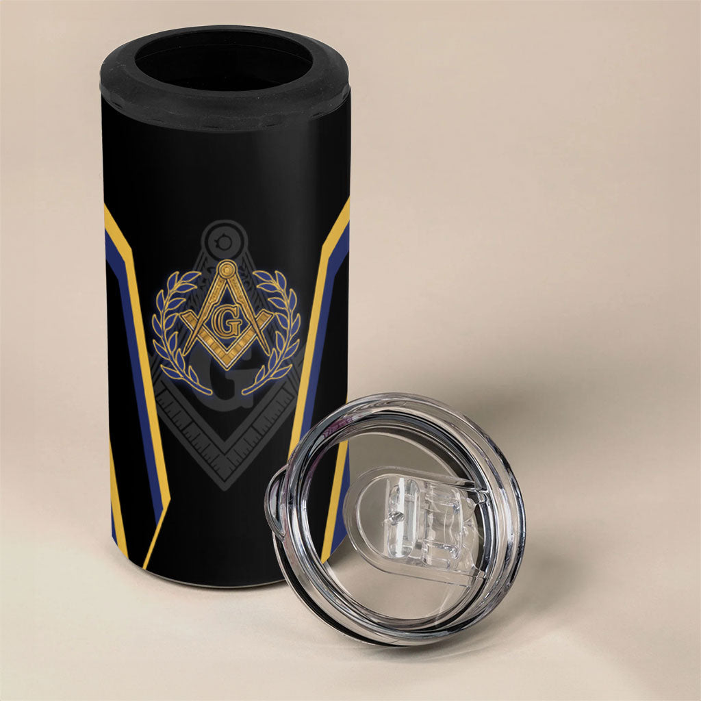Personalized Prince Hall Freemasonry 4 in 1 Can Cooler Tumbler Royal Blue Gold Masonic Geometric Legacy Graphic