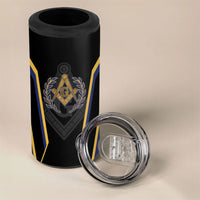 Personalized Prince Hall Freemasonry 4 in 1 Can Cooler Tumbler Royal Blue Gold Masonic Geometric Legacy Graphic