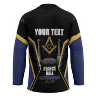 Personalized Prince Hall Freemasonry Hockey Jersey Royal Blue Gold Masonic Geometric Legacy Graphic