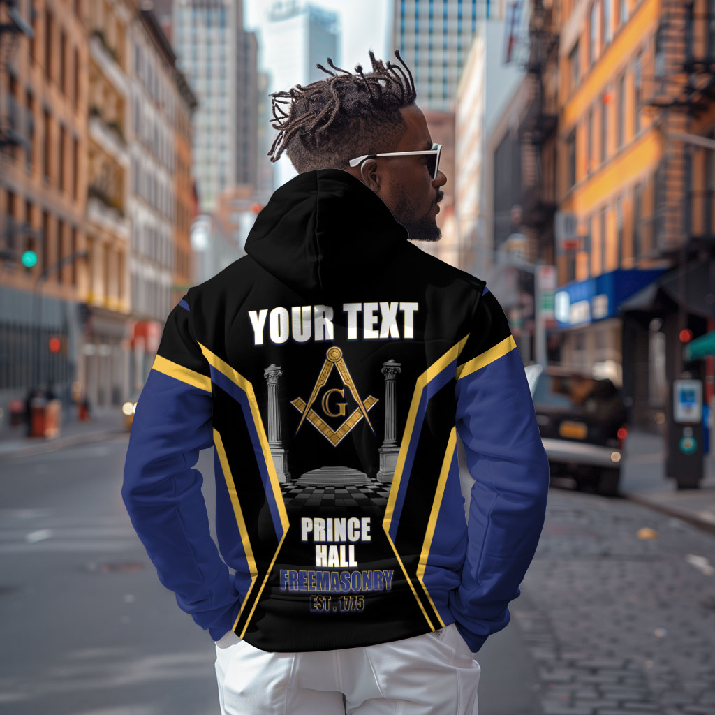 Personalized Prince Hall Freemasonry Hoodie Royal Blue Gold Masonic Geometric Legacy Graphic