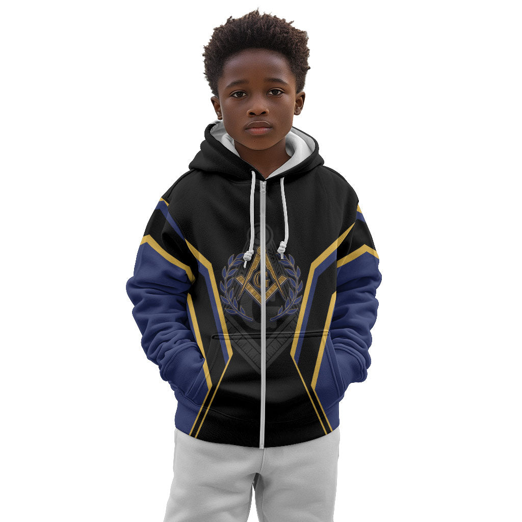 Personalized Prince Hall Freemasonry Kid Hoodie Royal Blue Gold Masonic Geometric Legacy Graphic