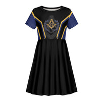 Personalized Prince Hall Freemasonry Kid Short Sleeve Dress Royal Blue Gold Masonic Geometric Legacy Graphic