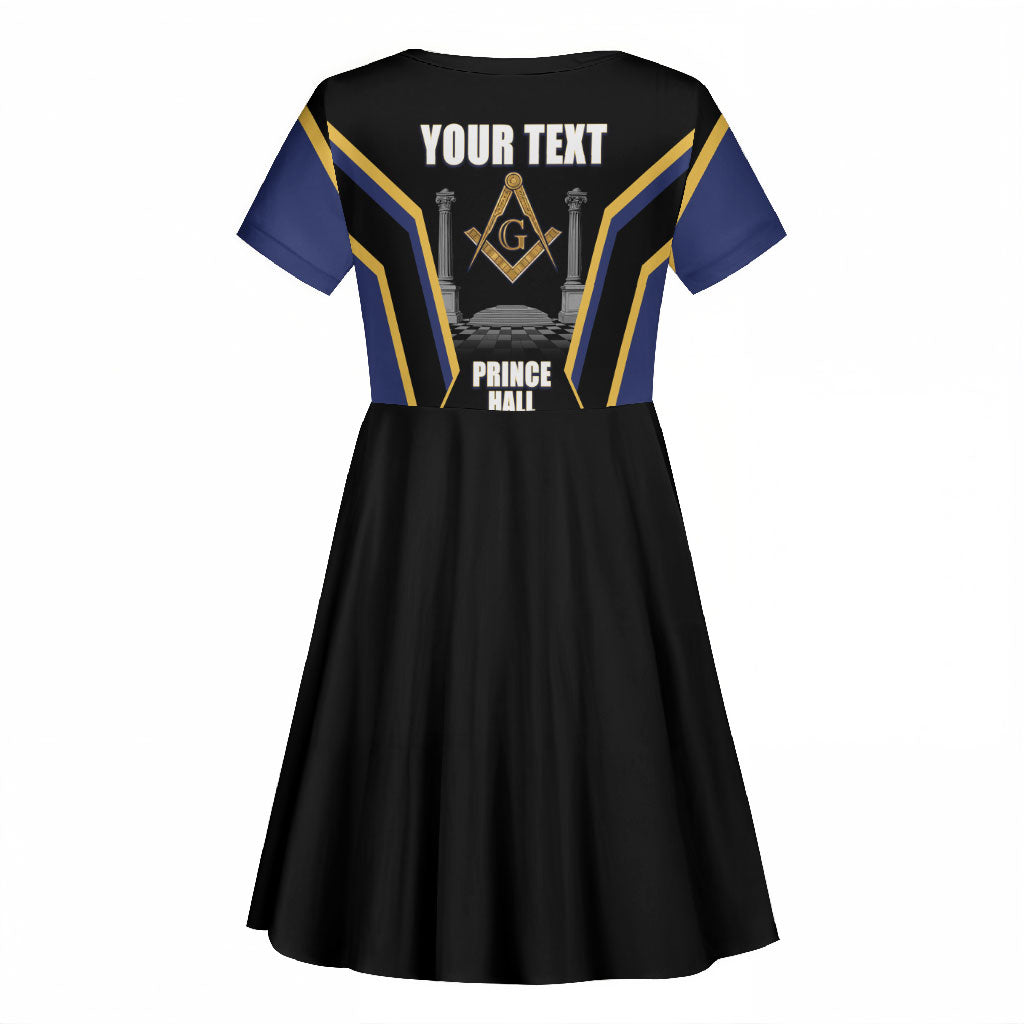 Personalized Prince Hall Freemasonry Kid Short Sleeve Dress Royal Blue Gold Masonic Geometric Legacy Graphic