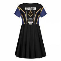 Personalized Prince Hall Freemasonry Kid Short Sleeve Dress Royal Blue Gold Masonic Geometric Legacy Graphic