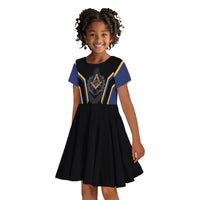 Personalized Prince Hall Freemasonry Kid Short Sleeve Dress Royal Blue Gold Masonic Geometric Legacy Graphic