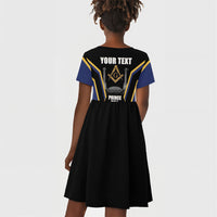 Personalized Prince Hall Freemasonry Kid Short Sleeve Dress Royal Blue Gold Masonic Geometric Legacy Graphic