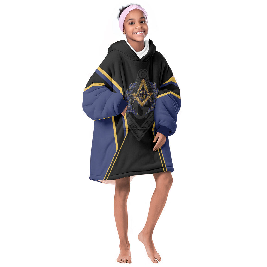 Personalized Prince Hall Freemasonry Kid Wearable Blanket Hoodie Royal Blue Gold Masonic Geometric Legacy Graphic