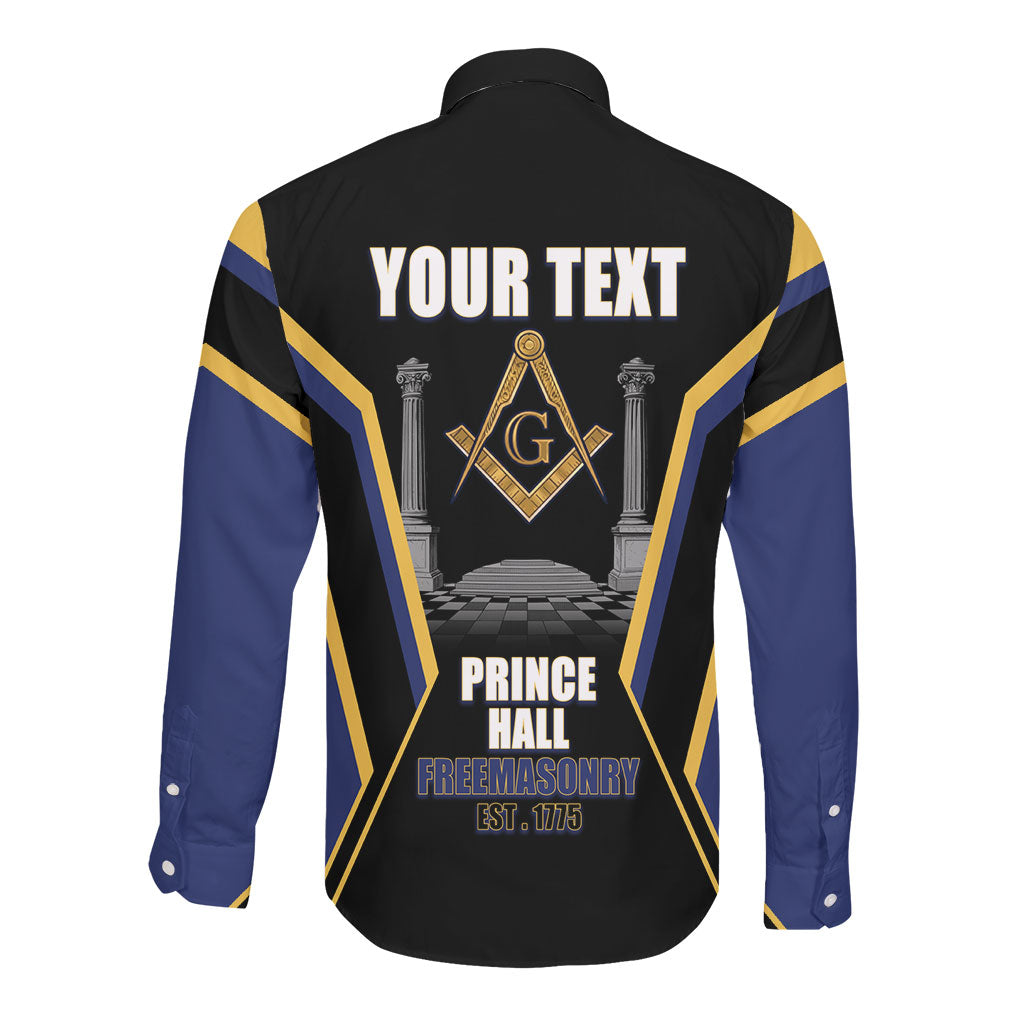 Personalized Prince Hall Freemasonry Long Sleeve Button Shirt Royal Blue Gold Masonic Geometric Legacy Graphic